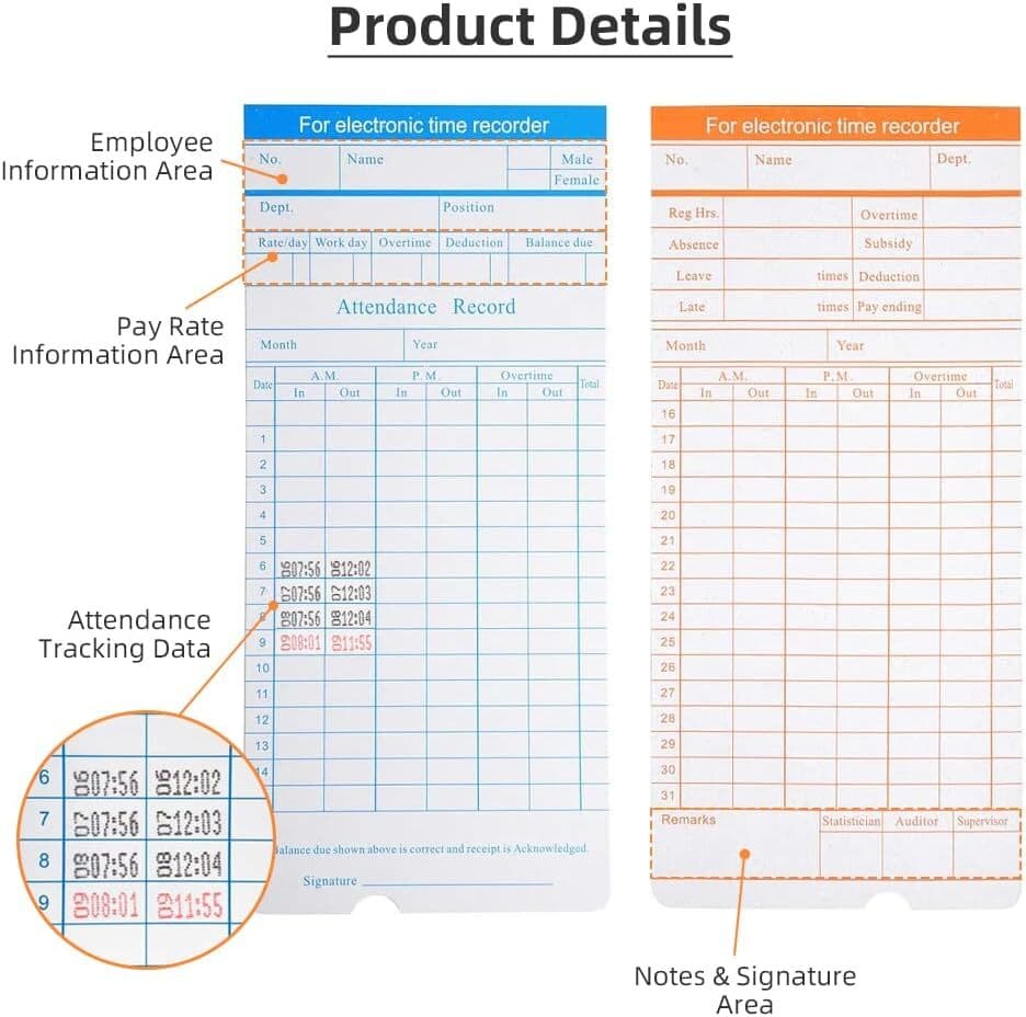 100-Piece Time Cards for Employees, Monthly Time Cards 2-Sided, 2-Color Timecard 6