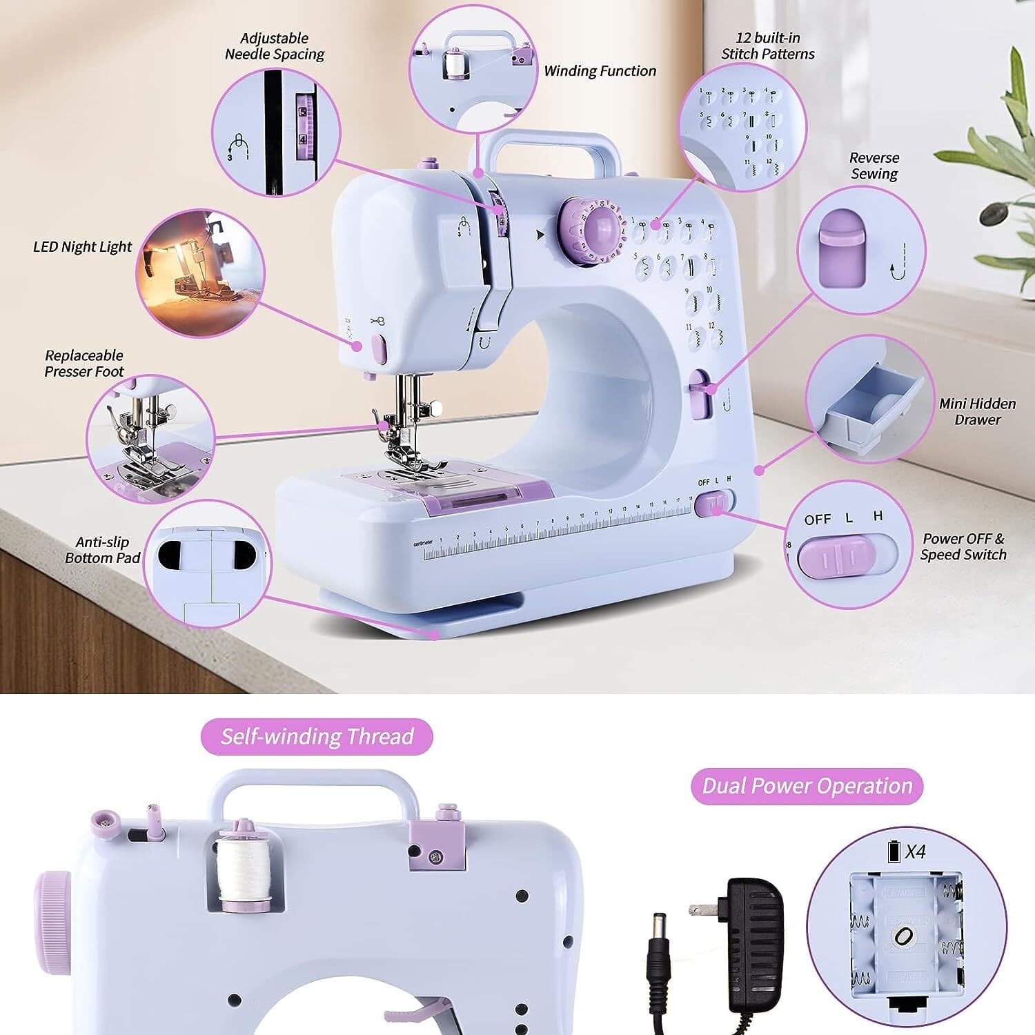 Electric Sewing Machine Portable Crafting Mending Machine 12 Built-In Stitches 6