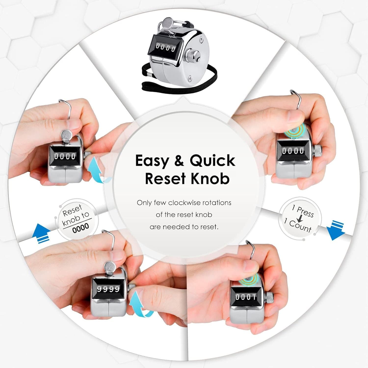 KTRIO Metal Handheld Tally Counter, 4-Digit Number Clicker 2 x 1.85", Silver  6