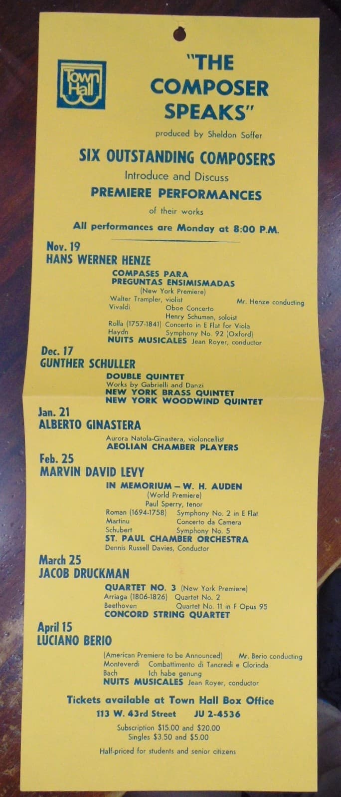 Hanging Calendar: Town Hall's "The Composer Speaks" '73/'74 Henze, Berio, et al