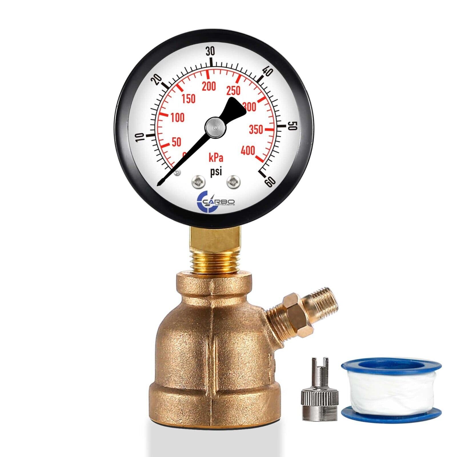 Gas Test Pressure Gauge 60 Pound, 60 PSI/400 kPa 3/4” FNPT Brass Bell Shape Body