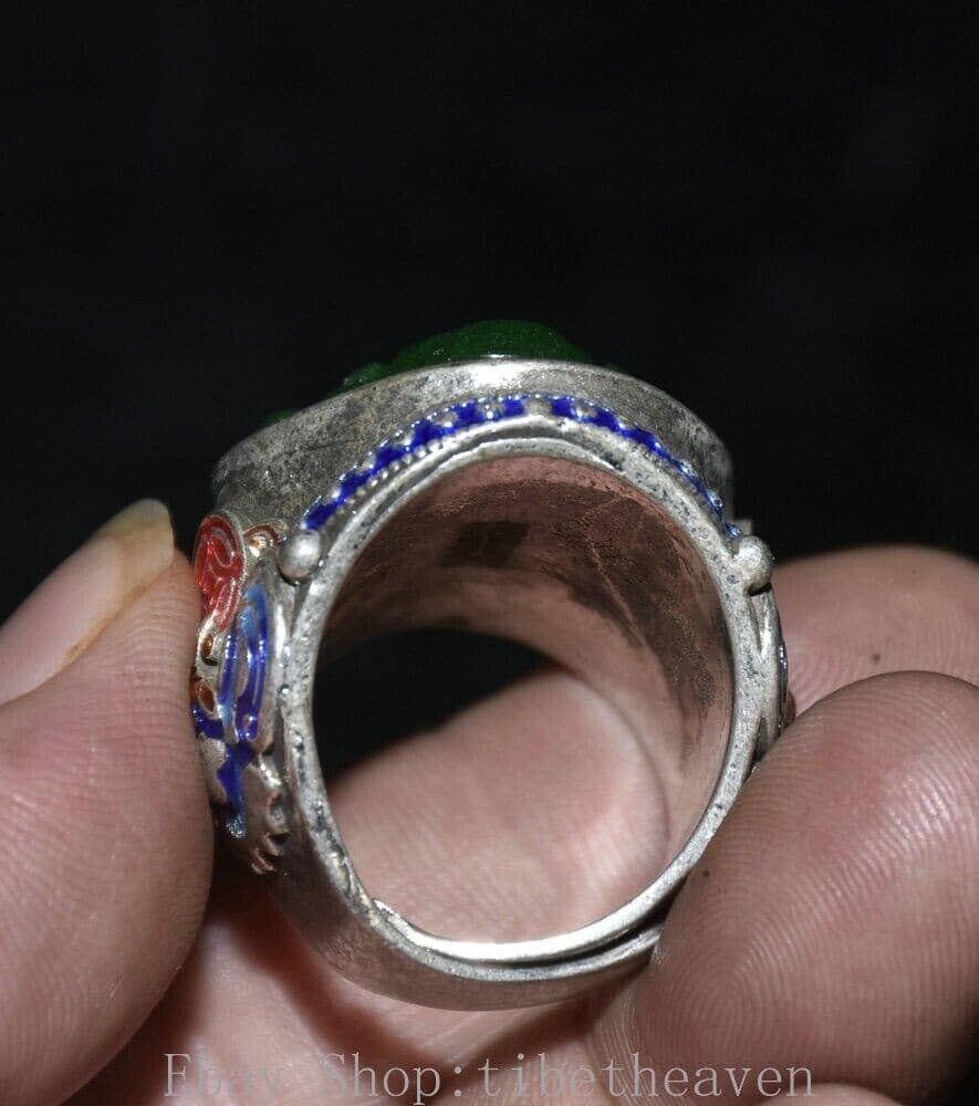 1.4" Old Chinese Silver inlay Green Gems Cloisonné Maitreya Buddha Finger Ring 5
