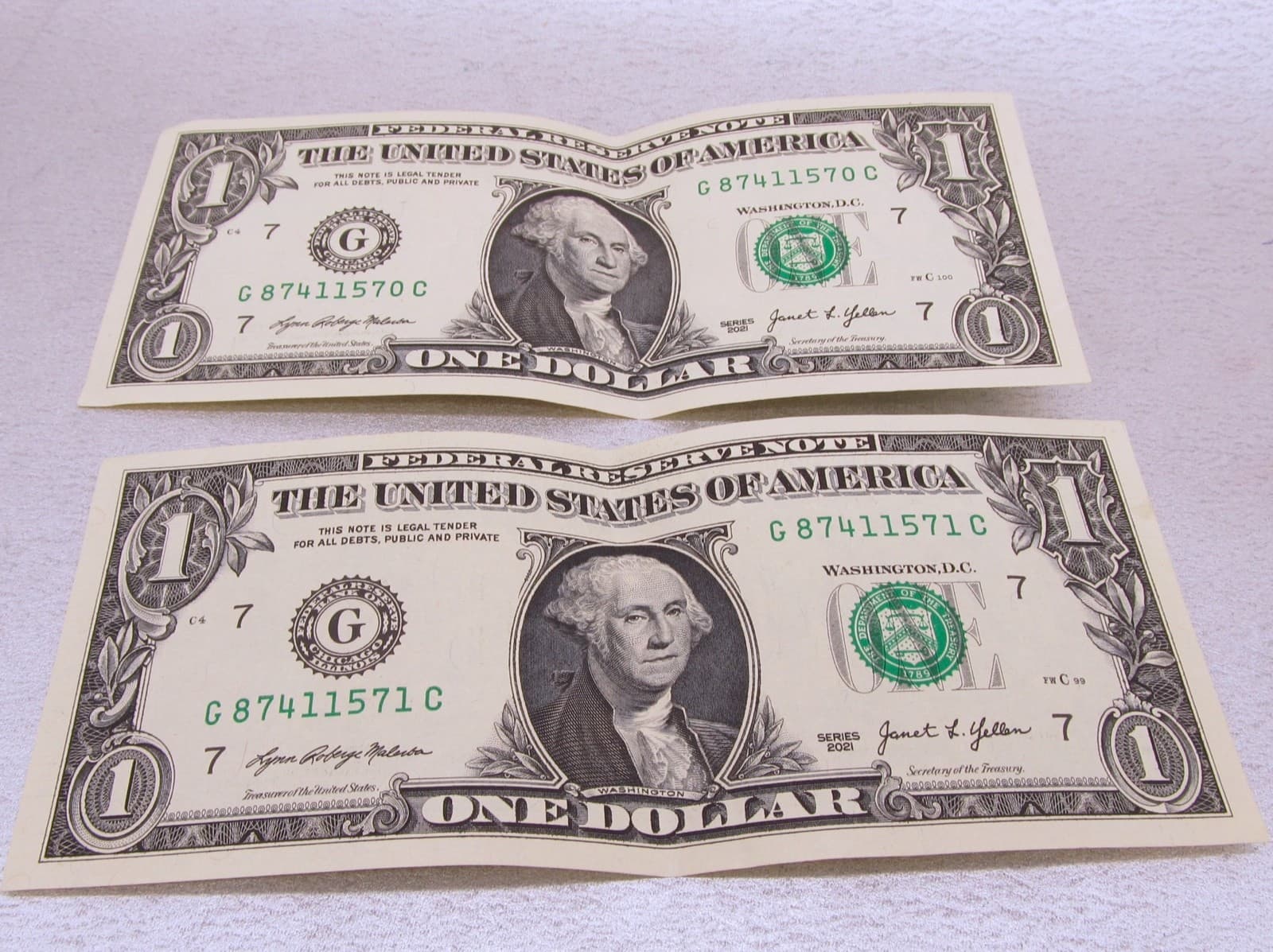 Lot 2 Consecutive Serial Numbers on Single Dollar Bills G 8741170 & G 87411571 5