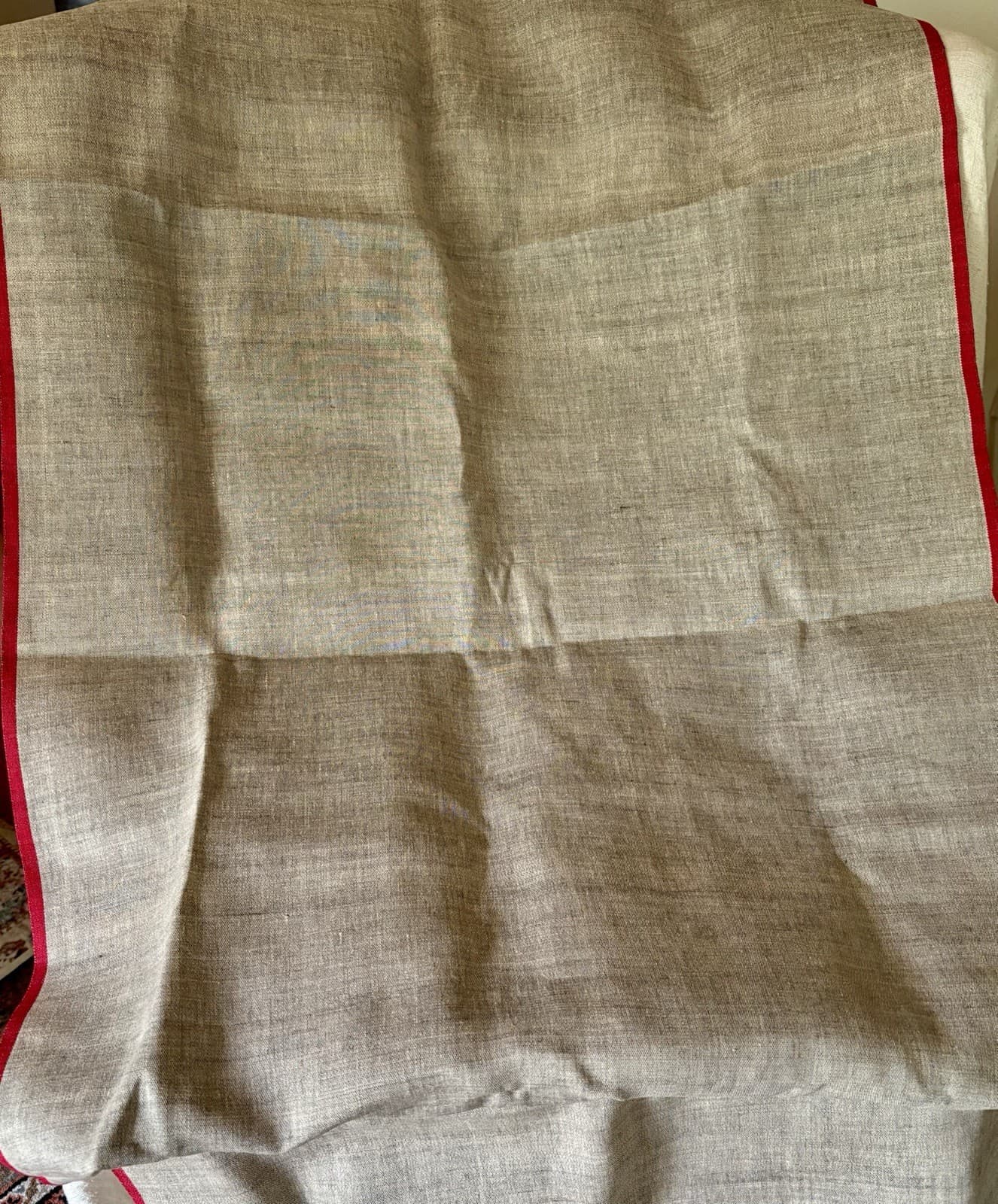 Vintage Pure Linen Fabric~ Natural Oatmeal Beige Red Stripe ~ Farmhouse Textile 6