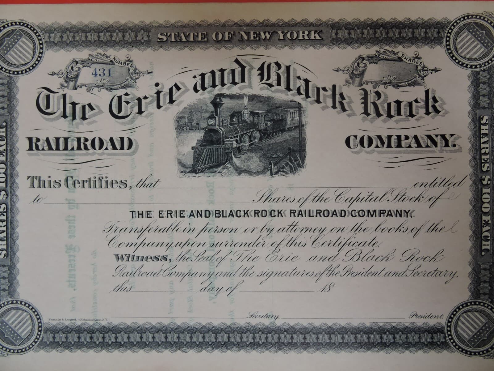 1800s THE ERIE AND BLACK ROCK RAILROAD COMPANY STOCK CERTIFICATE-NEW YORK 2