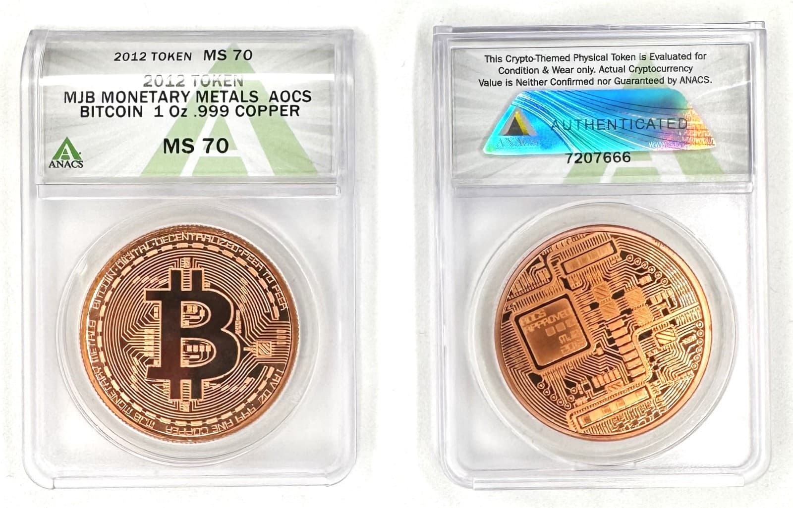 2012 Crypto Physical Bit Coin MJB Monetary Metals Authenticated By ANACS MS-70 3