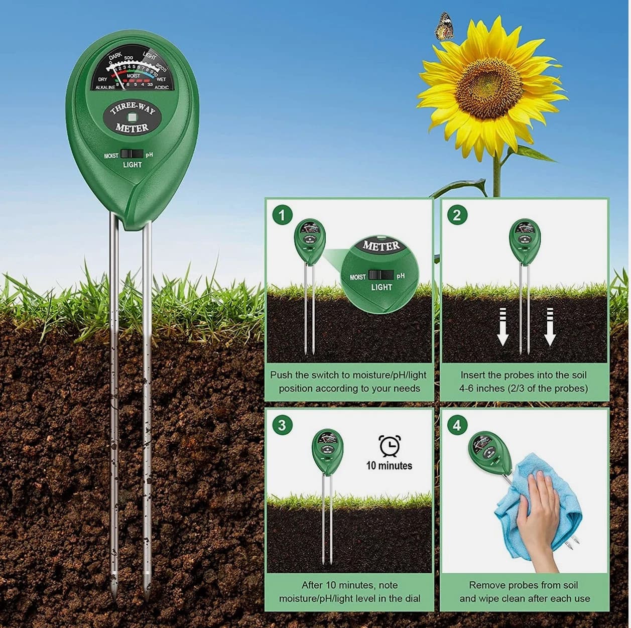 NEW ⭐3 in 1 Digital PH Tester Sunlight Soil Moisture Meter Detector Plant Garden 3