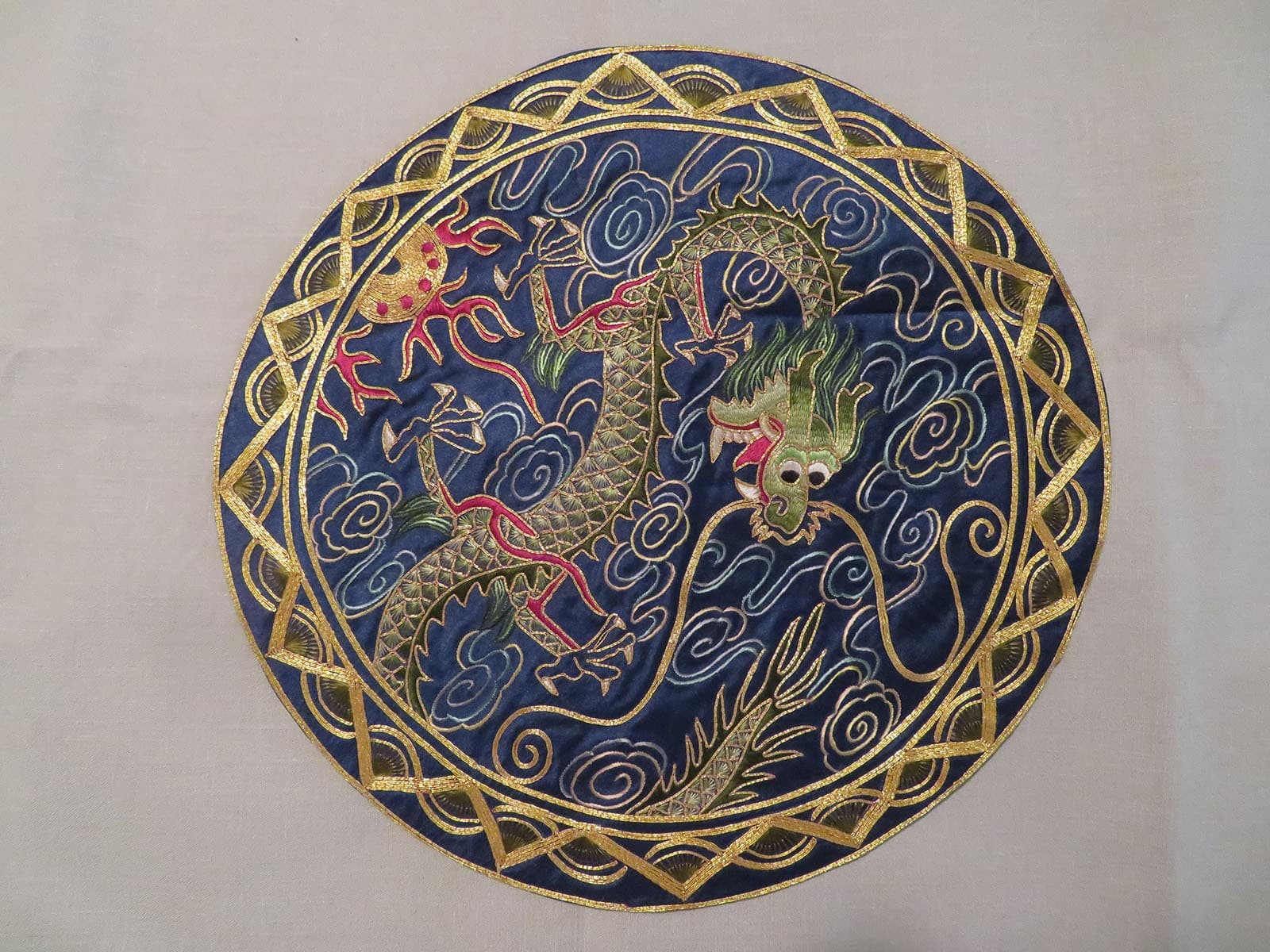 Vtg Chinese Golden Cloud Dragon Medallion Round Hand Embroidered Silk Rayon 11"