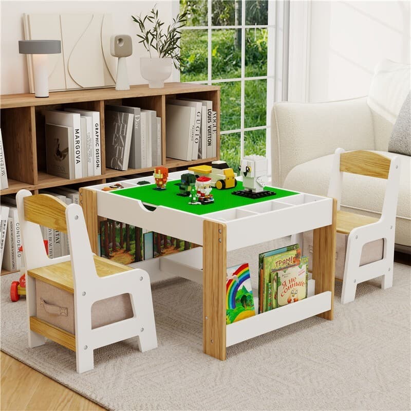 Kids 2 in 1 Play Table & Chairs Set w/ Storage & LEGO Compatible Building Block