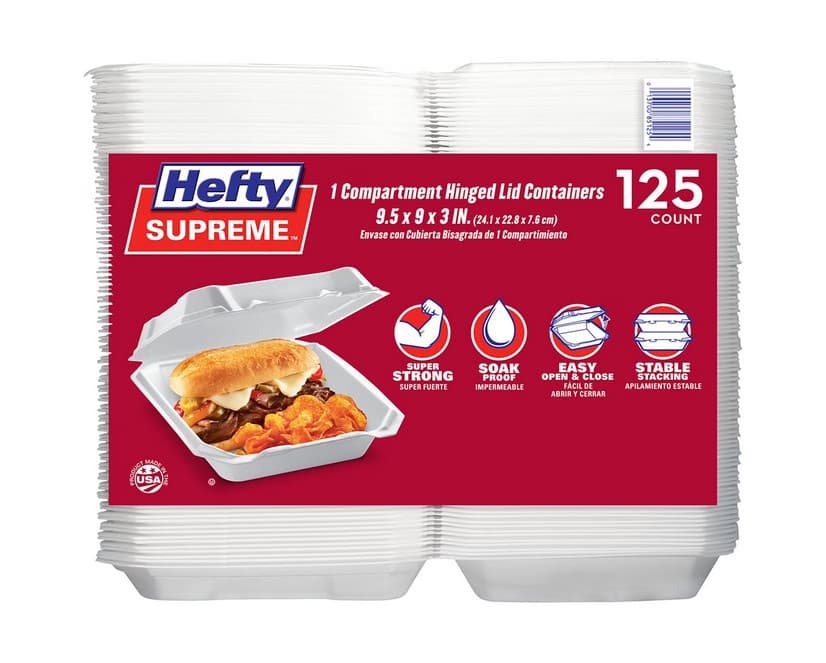 Hefty Supreme Foam Hinged Lid Container, 1-Compartment, 125 ct.