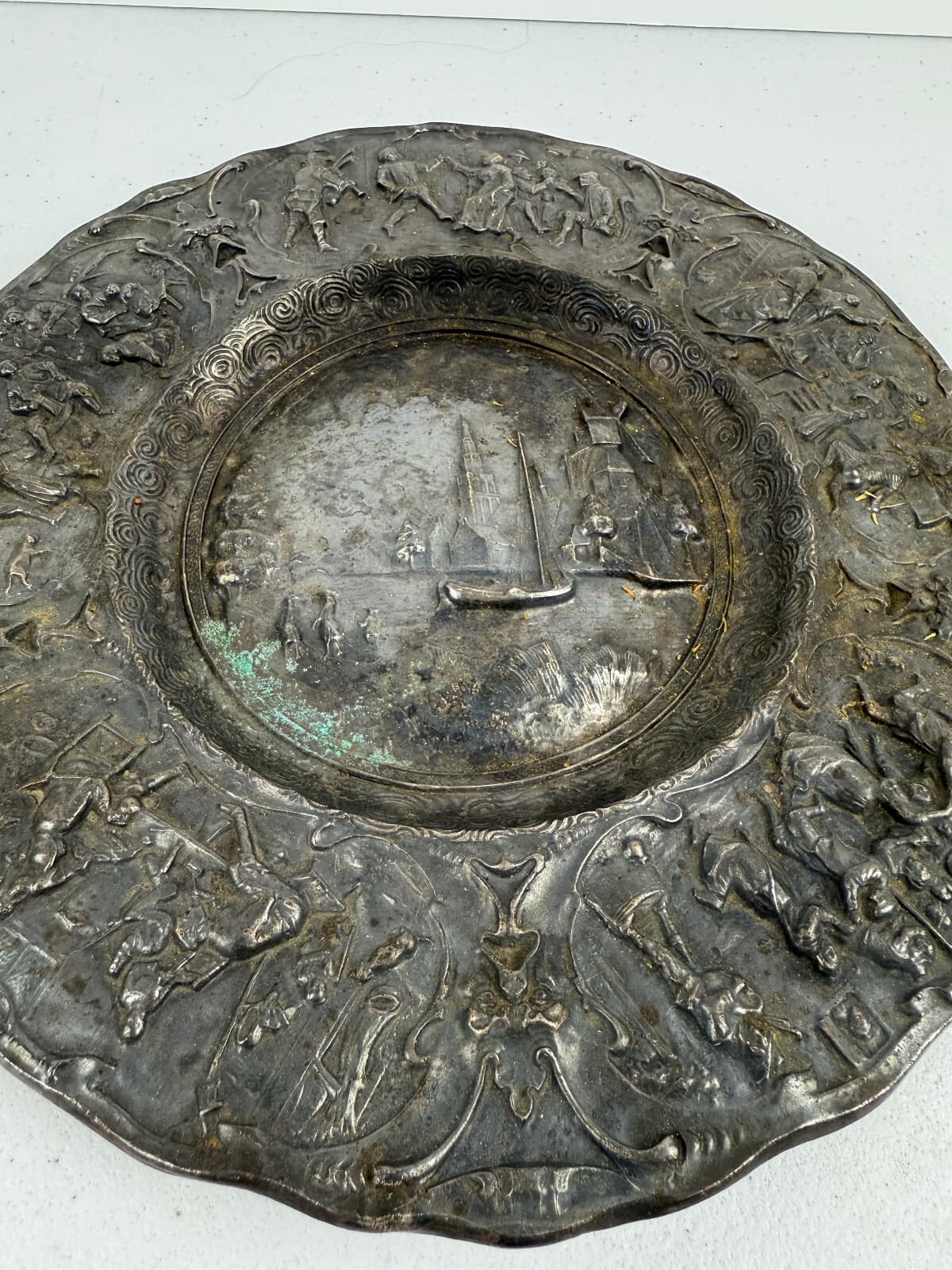 Antique Dutch Repoussé Silver Plate Basket with Handle – Scenic Relief – 11" 2