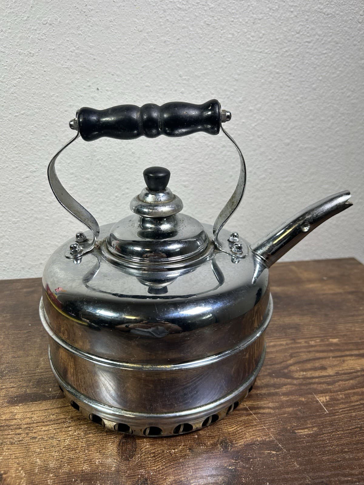 The SIMPLEX Patent Whistling Tea Kettle Solid Copper Chrome England Wood Handle