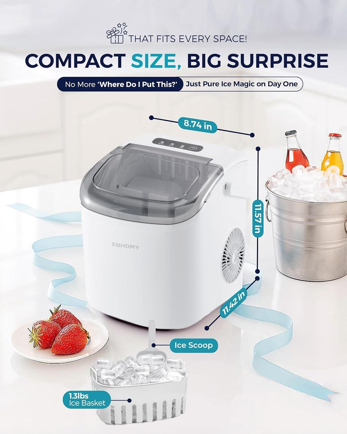 Countertop ice maker with handle, 26 lbs per day, makes 9 ice cubes in 6 minutes 2