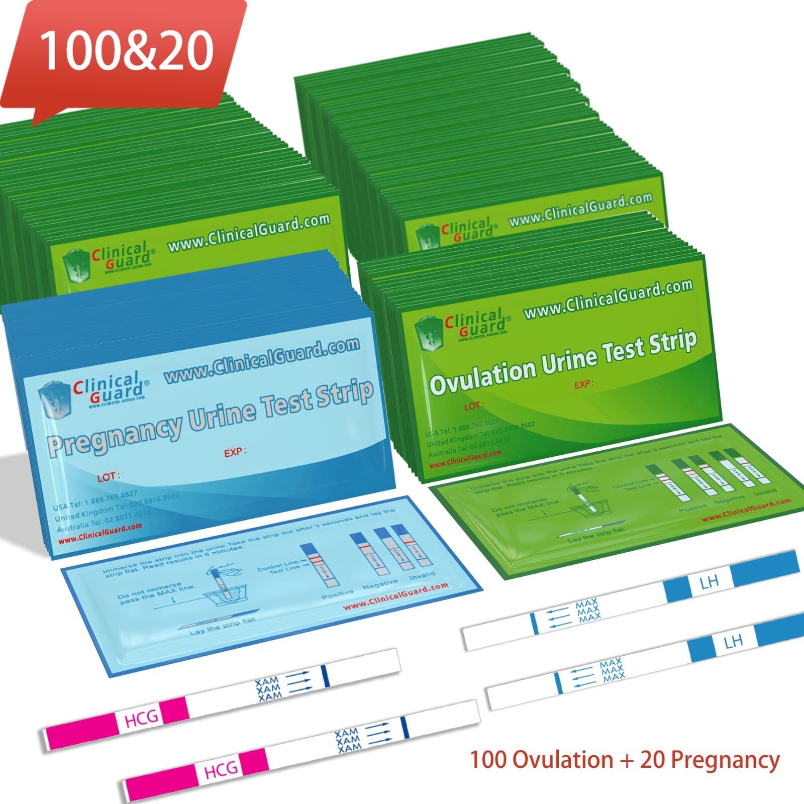 Clinical Guard Pack 100 Ovulation Test Strips LH + 20 Pregnancy Test Strips HCG
