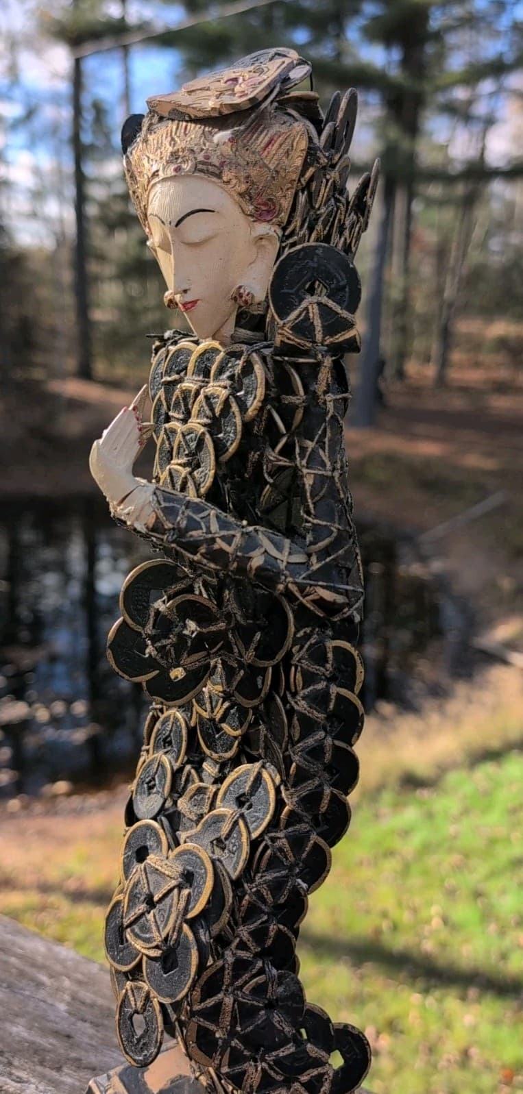 Vtg Balinese Kepeng Dewi Sri Goddess Coin Sculpture Figure Statue Antique 17" 2