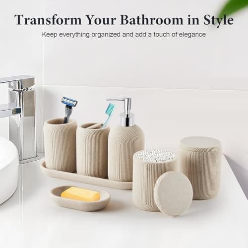 Bathroom Accessories Set - 7-Piece Resin Bathroom Set, Complete Set Beige 3