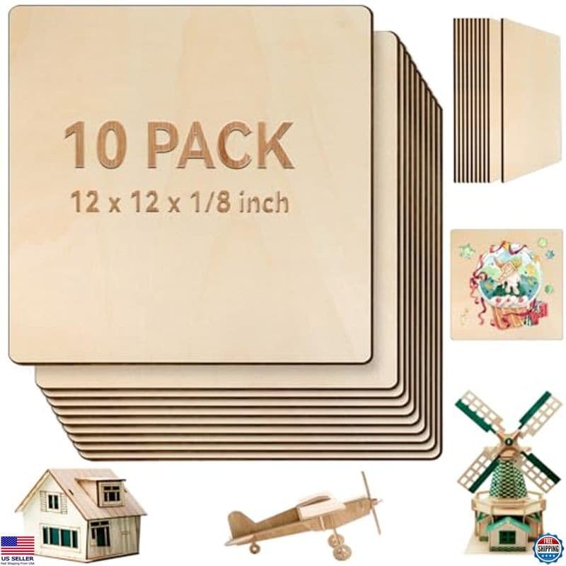 FSWCCK 10-Pack 3MM Basswood Plywood Sheets - 1/8" x 12" x 12" for DIY & Painting