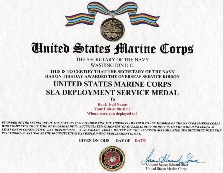 United States Marine Corps Sea Service Deployment Medal Replacement Certificate