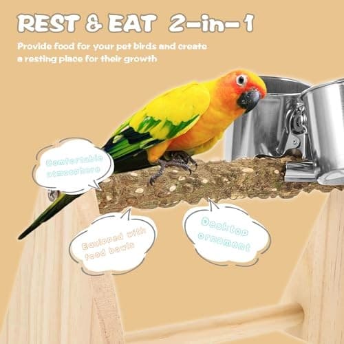 Parrot Play Wood Stand with Feeder Cups, Bird Grinding Perch Bird Perch Stand 2