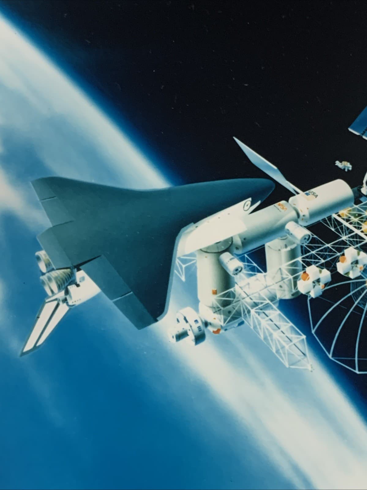 Vintage Illust. of NASA Space Orbiter Docked To Space Station NASA Spinoff 1985 3