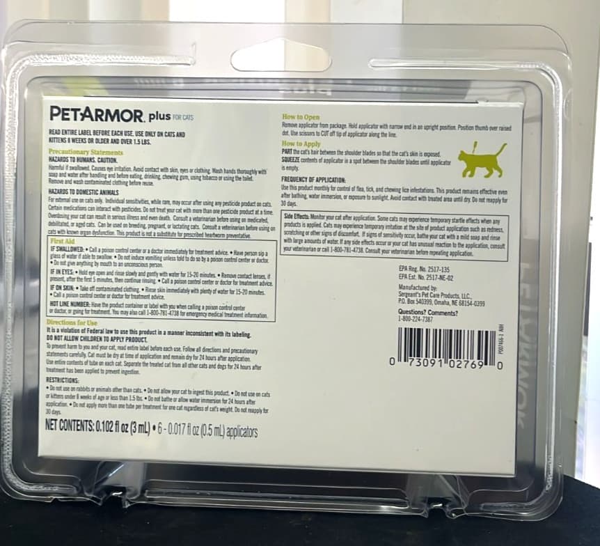 PetArmor PLUS 6 Doses Flea, Tick & Lice Treatment for CATS Cat Over 1.5 LBS NEW 2