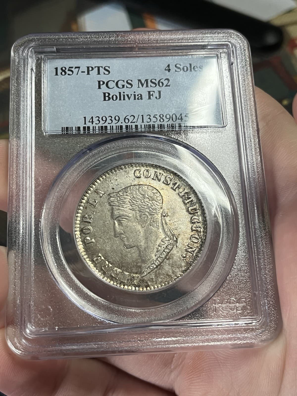 1857 PTS Bolivia 4 Soles PCGS MS62 6