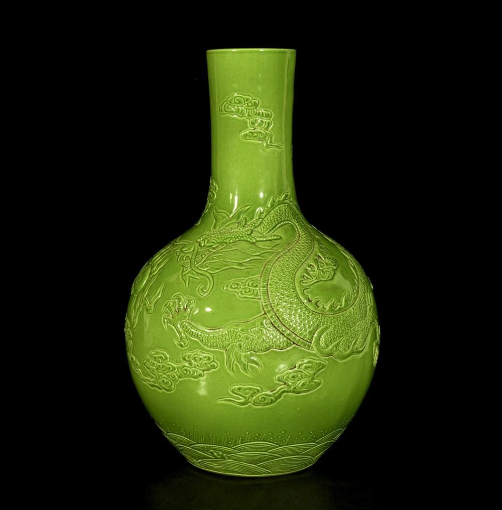 33CM Qianlong Signed Old Chinese Apple Green Vase W/dragon U1325 3