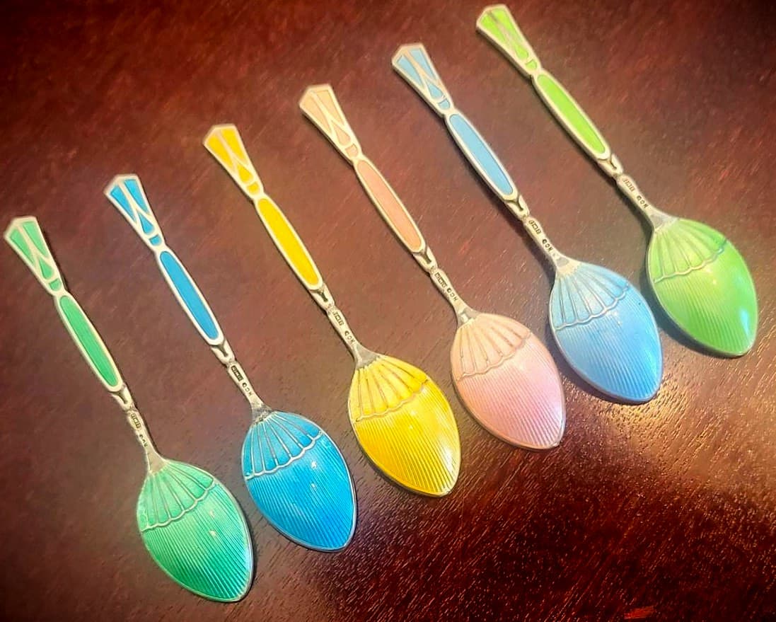 STUNNING Vtg Guilloche Enameled Sterling Silver Art Deco 6 Spoon Set BIRMINGHAM