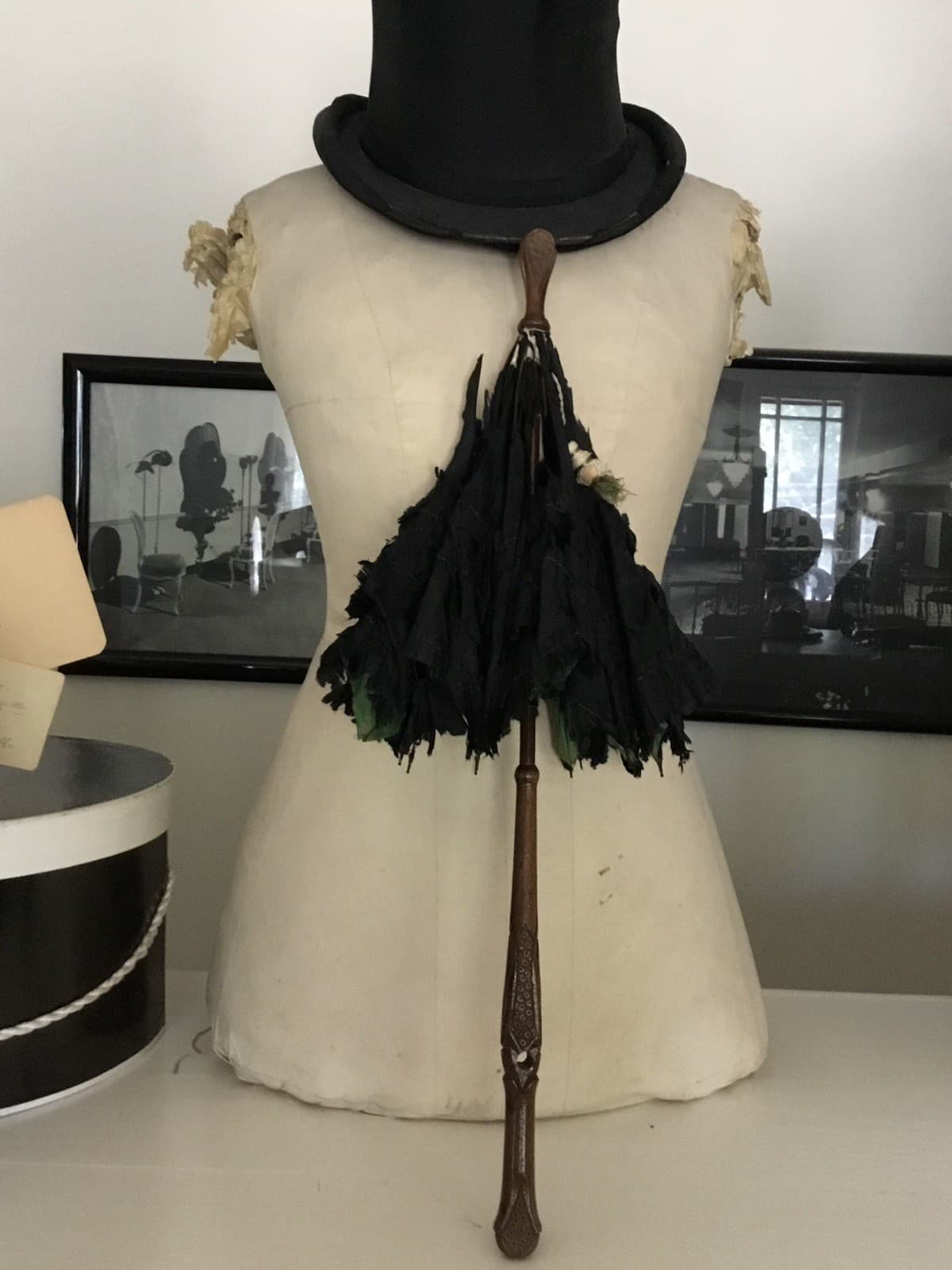 Antique Victorian Edwardian Parasol Umbrella Black Green Lining Shattered AS IS 2