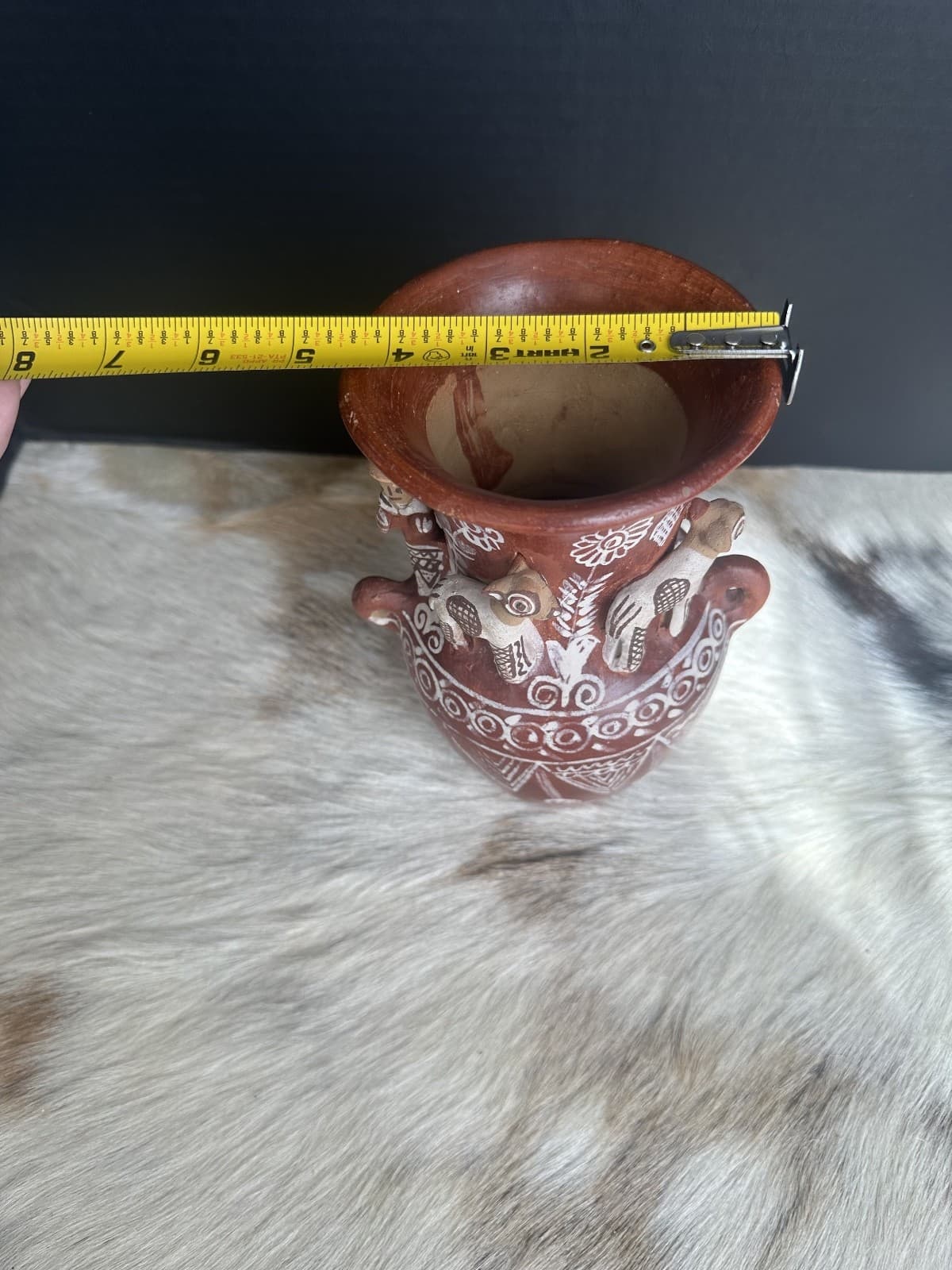 Peruvian Vase Handmade Terra Cotta Clay With 3-Dimensional Figurines 8" Tall 6