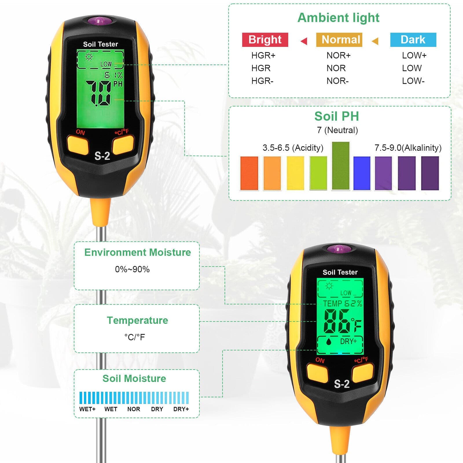 Digital PH Soil Tester LCD Moisture Plant Water Temperature Humidity Test Meter 6