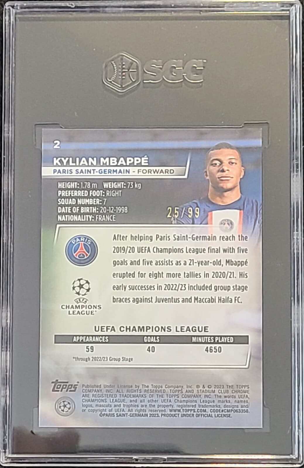 2022-23 Kylian Mbappe Topps Stadium Club Chrome Green Refractor PSG /99 SGC 10 2
