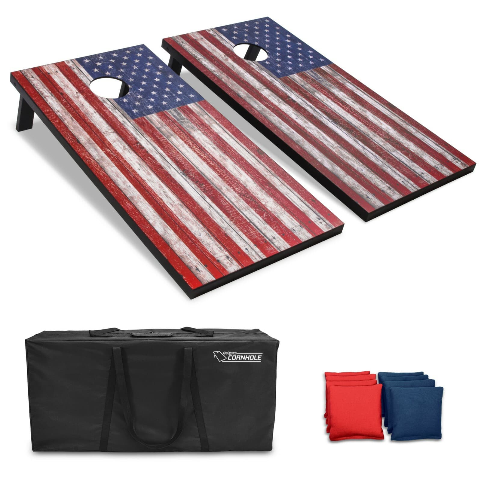 GoSports 4'x2' American Flag Cornhole Lawn Game Set Includes 8 Bags, Carry Case