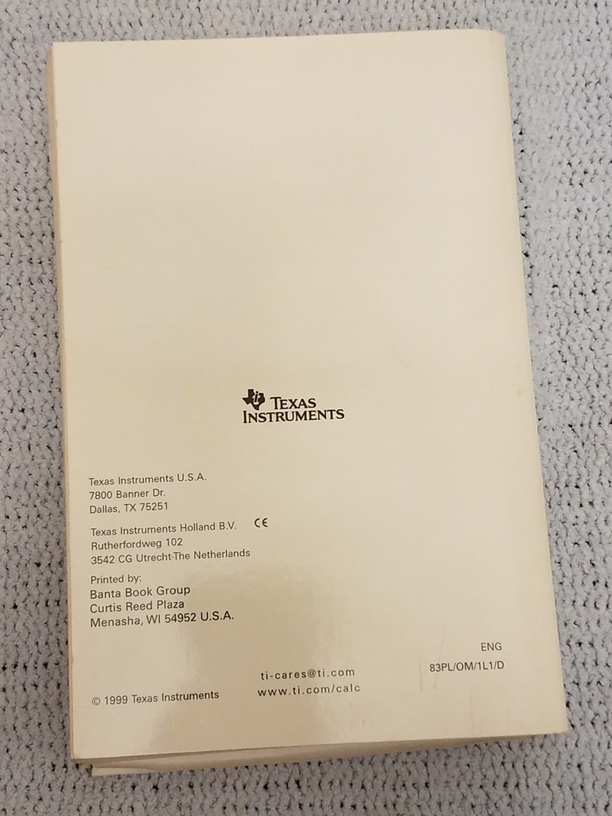 TI-83 Plus Owner's Manual Texas Instruments Book Only 2