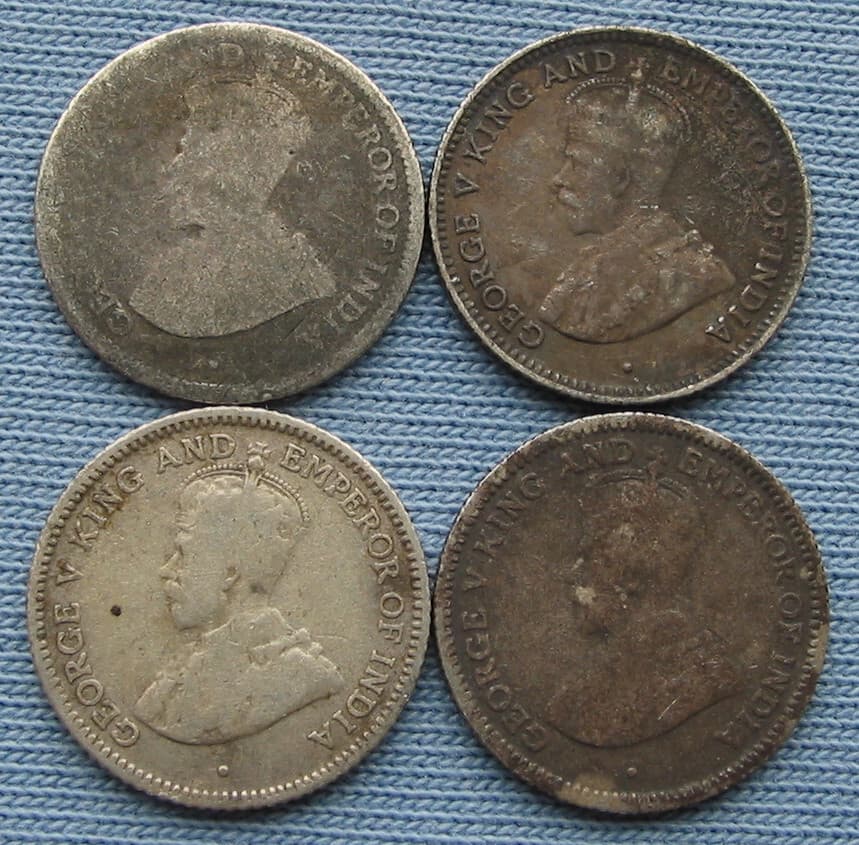 4 British Guiana Four Pence Coins 1916/1918/1931/1936 George V 4