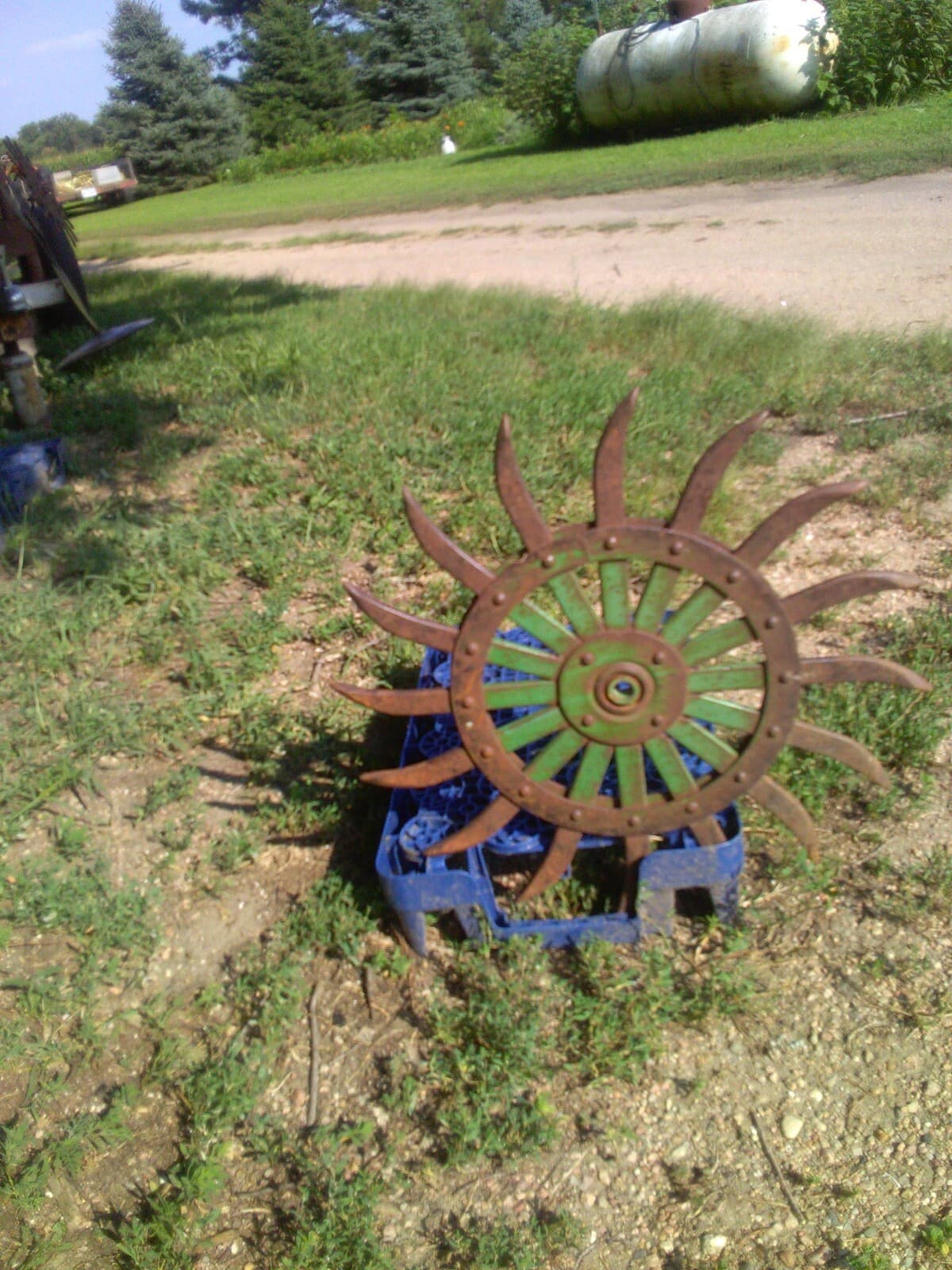1 Wheel off of a John Deere Rotary Hoe, Yard Art Steampunk iron wheel 2