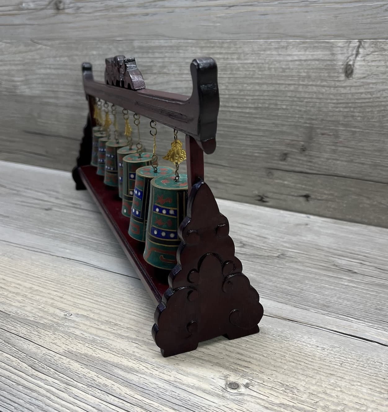 Vintage Set of Graduated Chinese Cloisonne Hanging Bells Chimes on Wood Stand 2