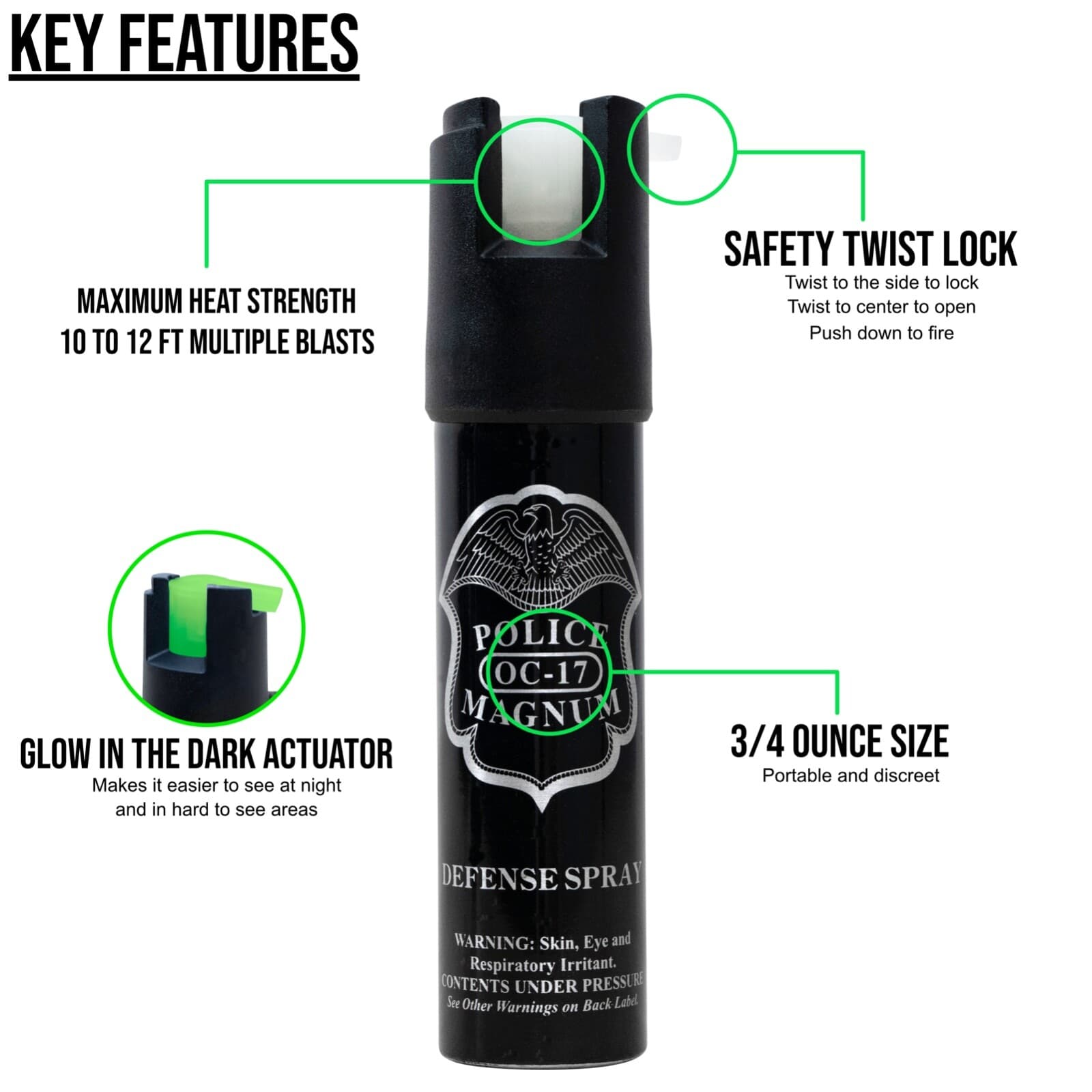 3 Police Magnum 3/4oz pepper spray Safety Lock Self Defense Glow in Dark  2