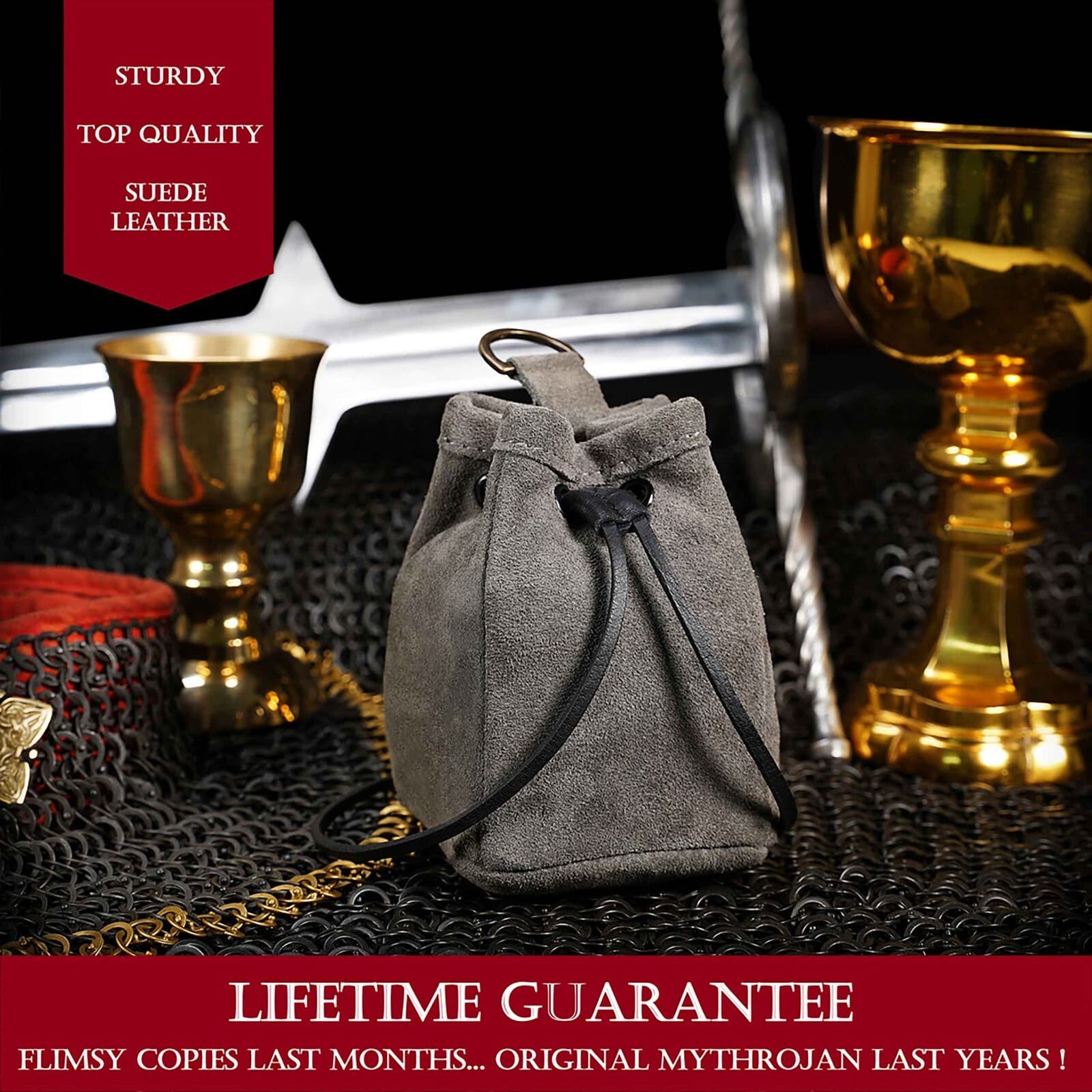 Medieval Belt Bag Suede Leather Pouch Renaissance Cosplay Costume Accessory Grey 4