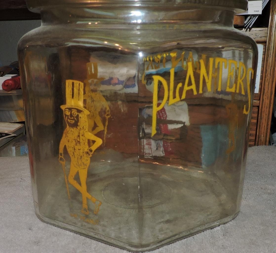 Antique Yellow Pyro Mr Peanut Country Store Display Jar W/ Figural Peanut Lid 4