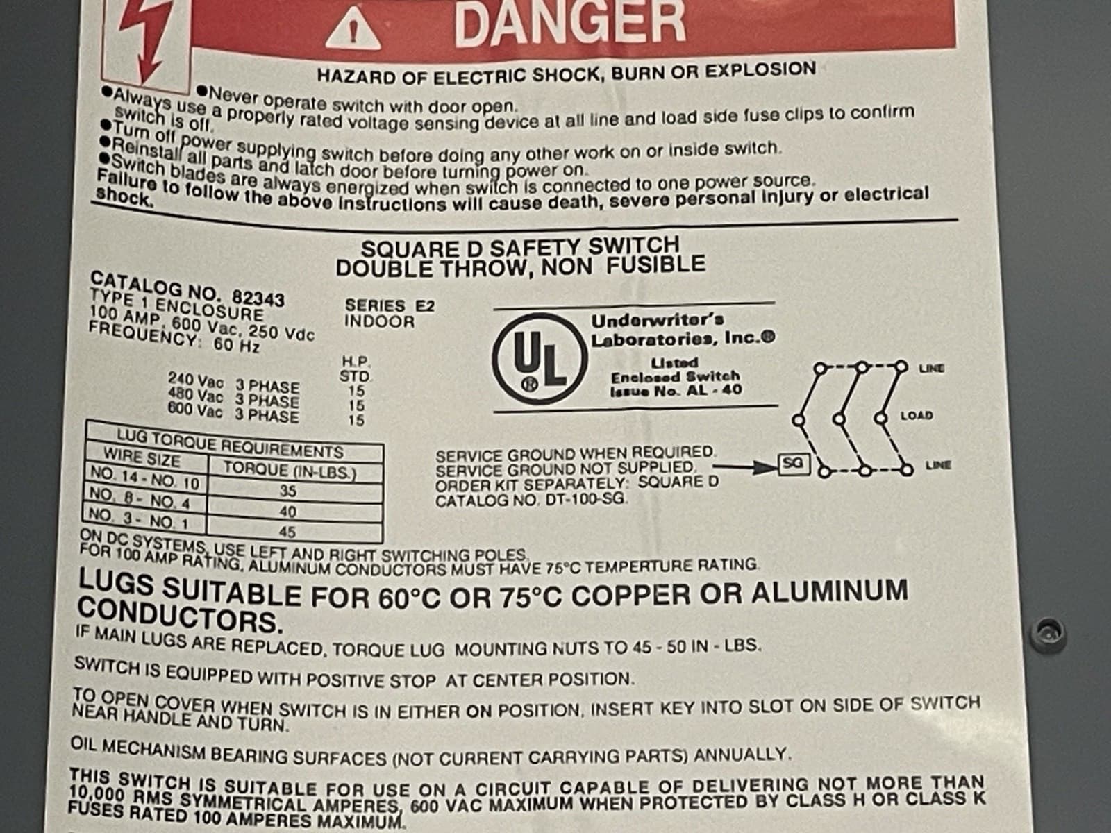 Square D 82343 100-Amp 600-VAC 250-VDC Double Throw Manual Transfer Switch 3-P 4
