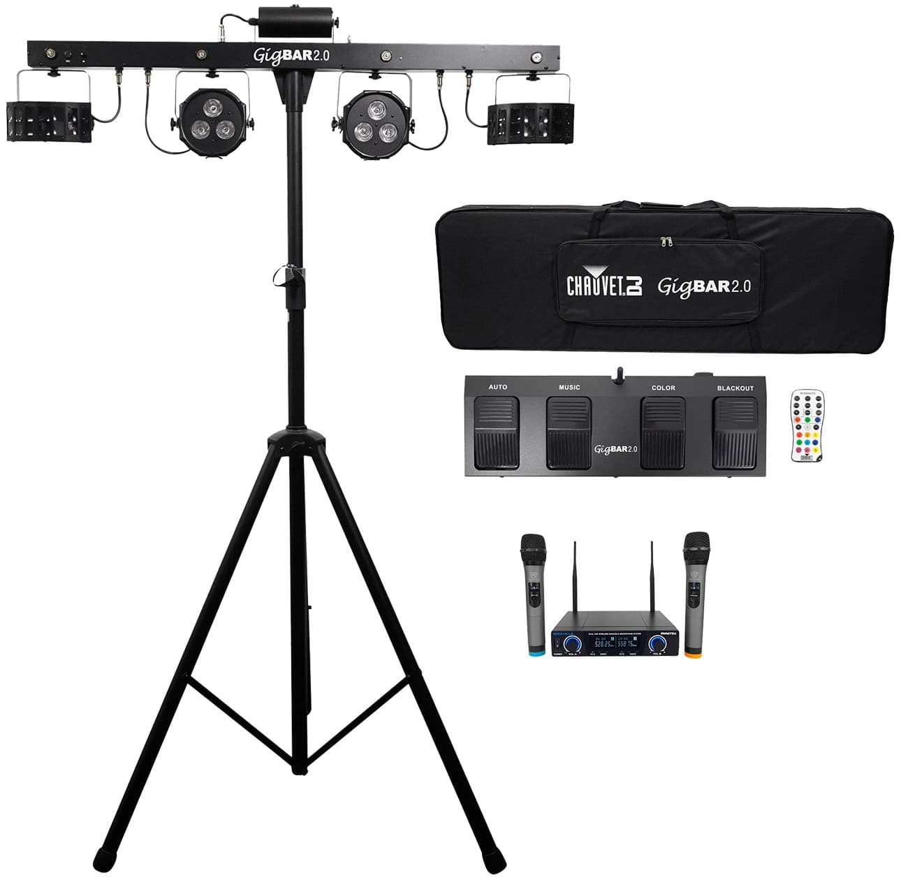 Chauvet GigBar 2.0 DMX Light FX Bar w/Tripod+Footswitch+Remote+Bag+Wireless Mics