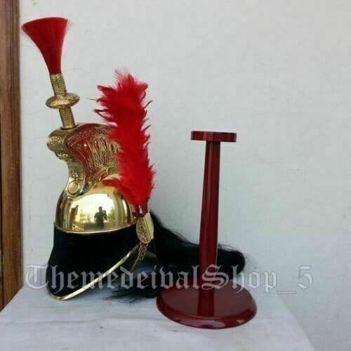 French Cuirassier Officer's Napoleon Brass Helmet With Red Plume & Wooden Stand 2