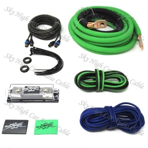Oversized 1/0 Ga OFC AWG Amp Kit Twisted RCA Green Black Complete Sky High Car 