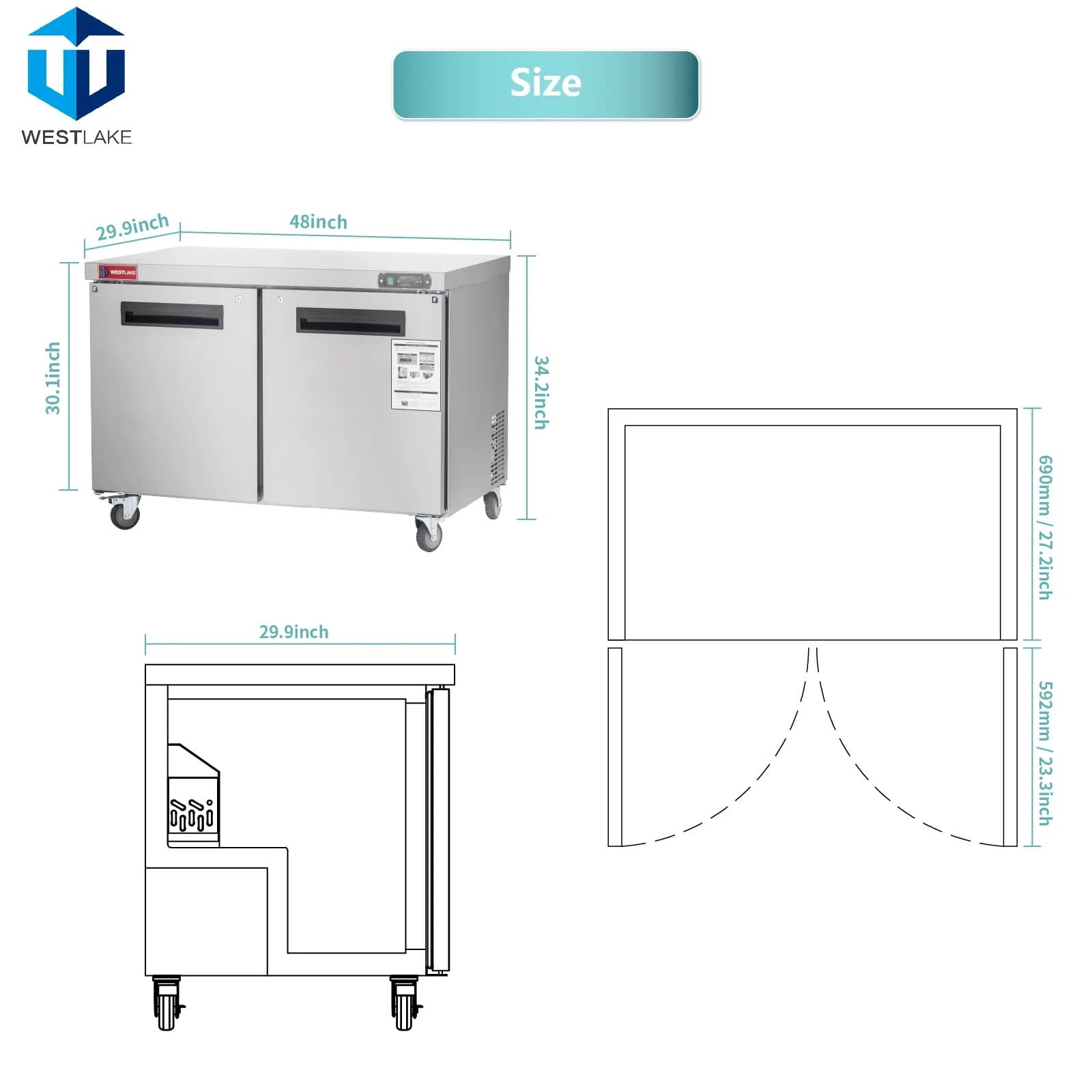 Commercial Undercounter Freezer, WESTLAKE 2 Door 48" W Worktop Freezer 12 Cu.ft 2