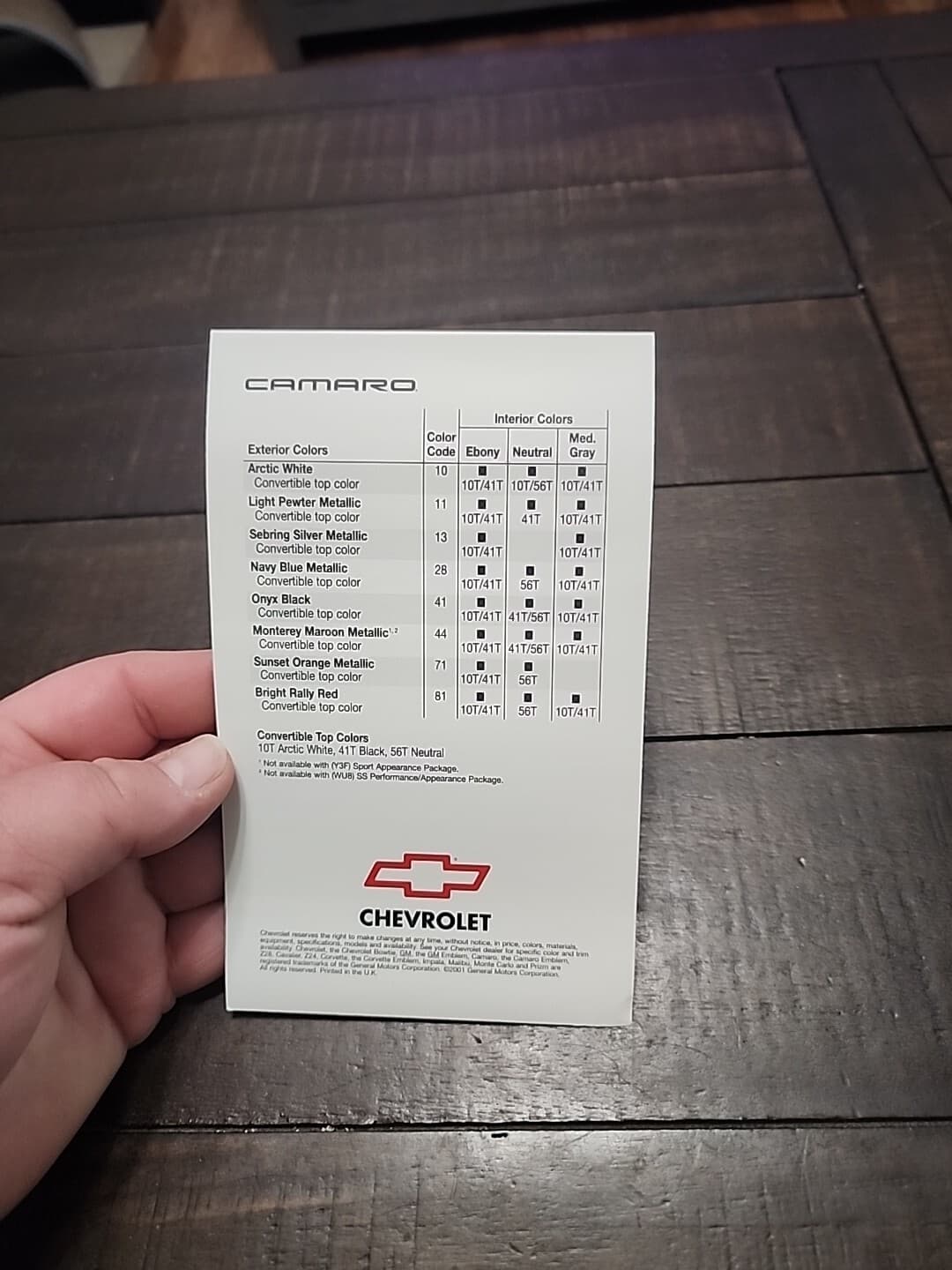 2002 Chevrolet Camaro Exterior Colors Sales Literature/Brochure, Chevy 2