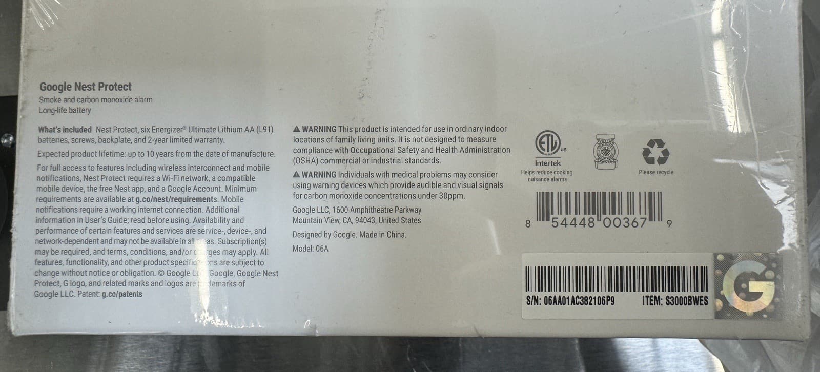 Google Nest Protect Smoke/Carbon Monoxide Alarm Detector White Battery BRAND NEW 5