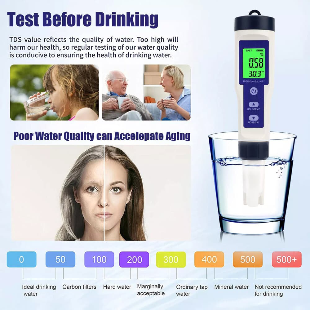 PH/TDS/EC/Salinity/Temperature 5 In 1 Digital Water Quality Meter Tester Tool US 6