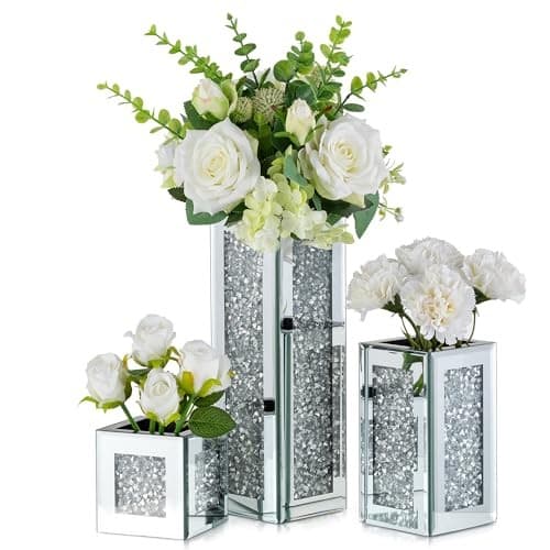Silver Rectangle Glass Vases for Decor:  Tall Crushed Diamond Mirror Vase for  2