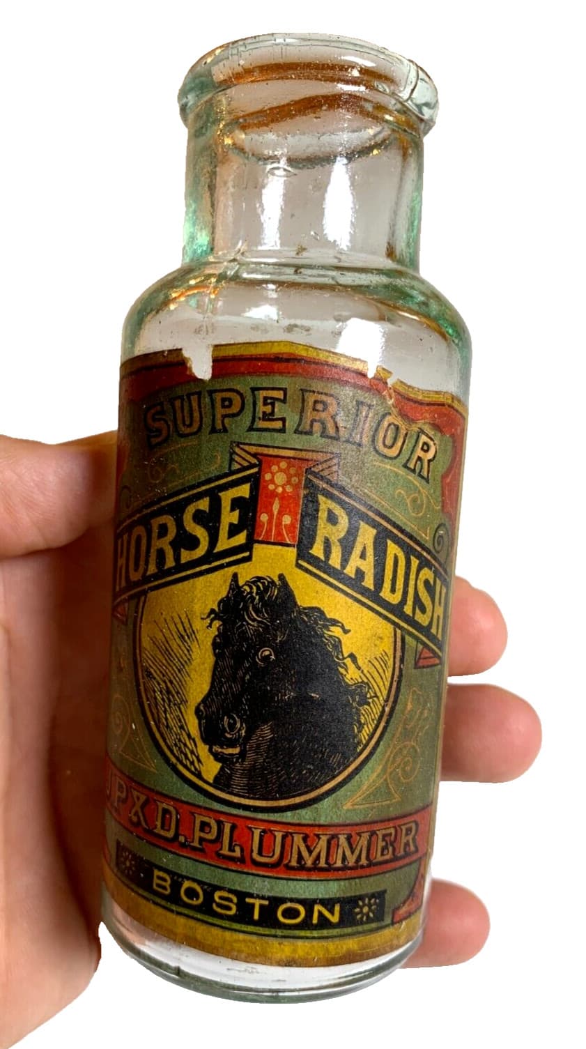 Antique LABEL Superior Horse Radish Horseradish Boston MA Plummer Bottle Jar